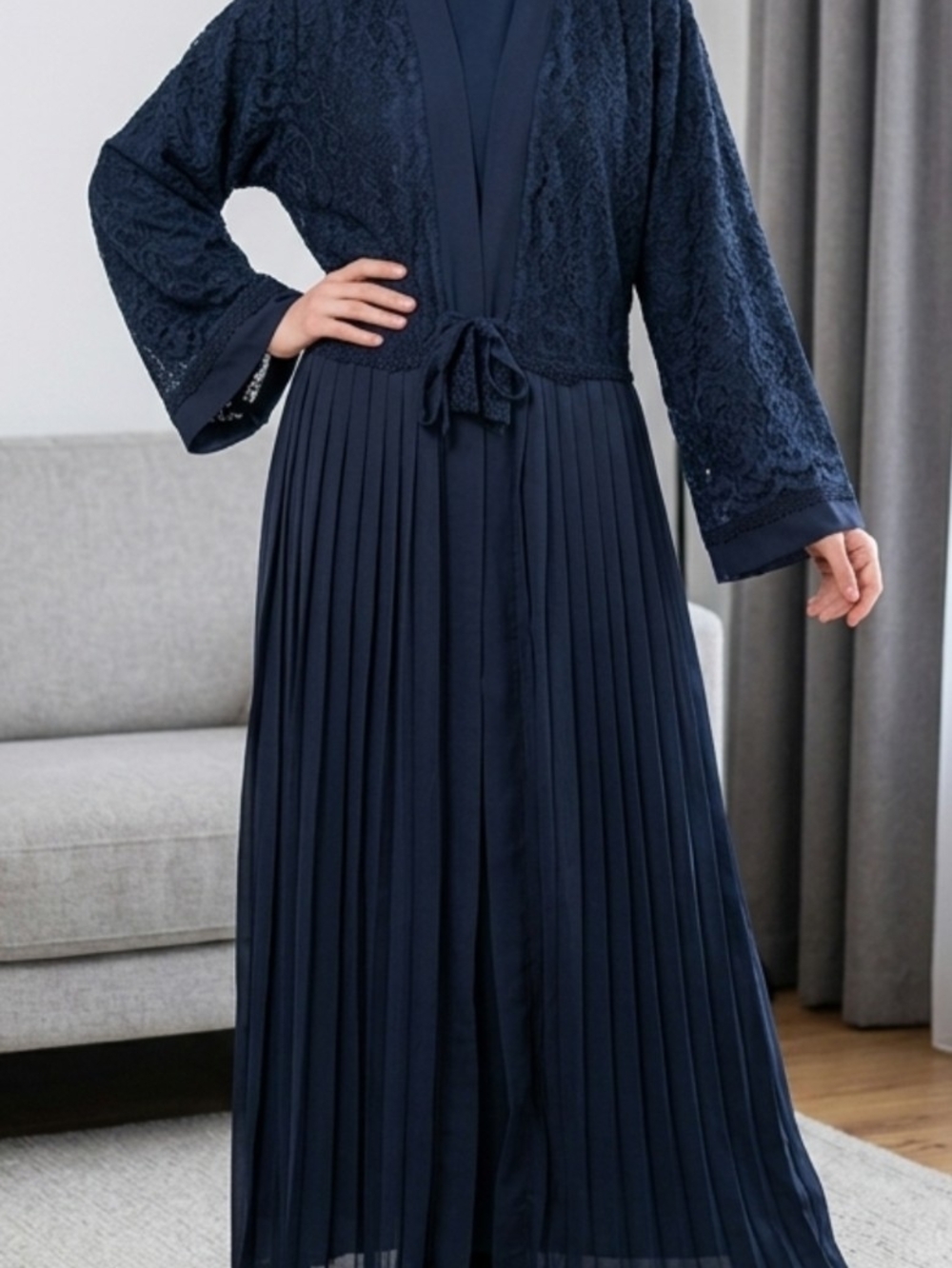 Navy Blue Lace Tie-Front Dress/Abaya